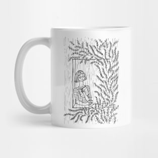 GIRL NEAR WINDOW TREE WITH A BOOK AND COFFEE ENJOYING RAIN Mug